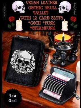 🆕VEGAN LEATHER GOTHIC SKULL WALLET WITH 12 CARD SLOTS:*GOTH *PUNK *STEAMPUNK